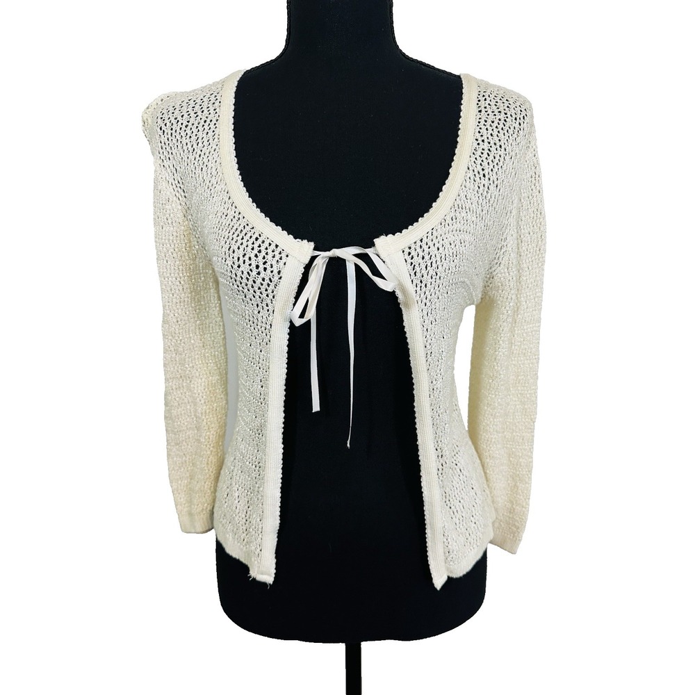 Eye Candy Women's‎ MED Y2K VTG Cream Crochet Tie Front Cardigan Coquette Boho